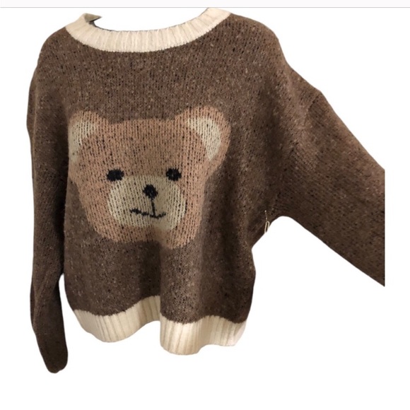 Luna Ivy brown teddy bear cream ribbed neckline long sleeve sweater size medium - Picture 3 of 10